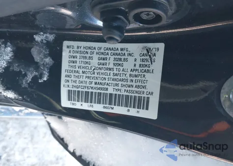 2019 Honda Civic Lx z USA, uszkodzony, nr VIN 2HGFC2F67KH549008